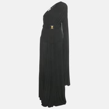 Pre Owned Elisabetta Franchi Black Lurex -Jersey One Shoulder Pleated Maxi Dress M 