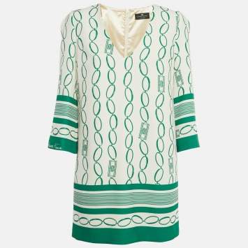 Pre Owned Elisabetta Franchi Cream Chain Print Crepe Mini Shift Dress M
