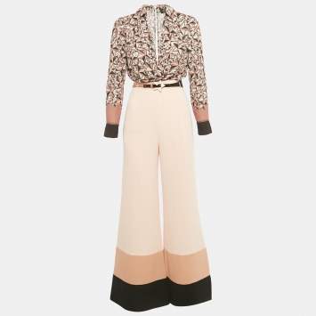 Pre Owned Elisabetta Franchi Peach/Multicolor Printed Crepe Detachable Belted Jumpsuit S