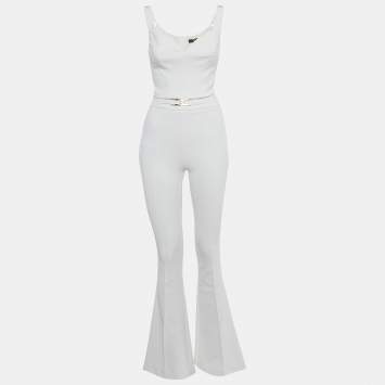 Pre Owned Elisabetta Franchi White Crepe Crop Top & Flared Pant Set M/S