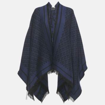 Pre Owned Elisabetta Franchi Black /Blue Lettering Intarsia Wool Blend Fringed Cape One Size   