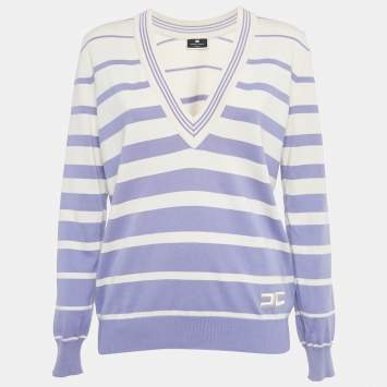 Pre Owned Elisabetta Franchi Purple Stripe Cotton V-Neck Sweater M