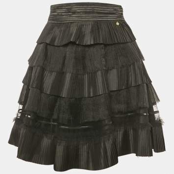 Pre Owned Elisabetta Franchi Black Tulle and Crepe Frill Tiered Mini Skirt M
