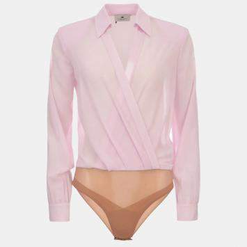 Pre Owned Elisabetta Franchi Pink Crepe Sheer Bodysuit M 