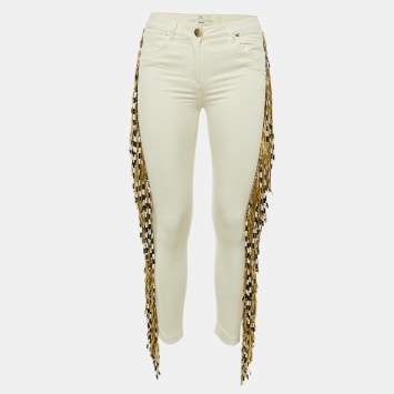 Pre Owned Elisabetta Franchi Jeans Ivory Denim Fringed Skinny Jeans S/Waist 29"