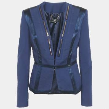 Pre Owned Elisabetta Franchi Blue Crepe Logo Detail Blazer L