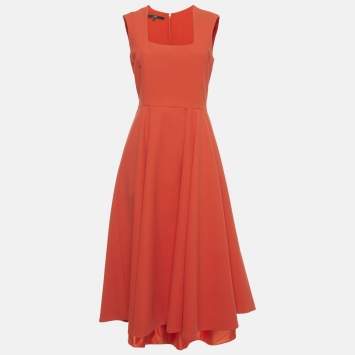 Pre Owned Elisabetta Franchi Orange Crepe Shoulder Detail Sleeveless Midi Dress M