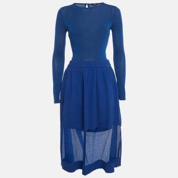 Pre Owned Elisabetta Franchi Blue Lurex Knit Body Suit & Skirt Set M