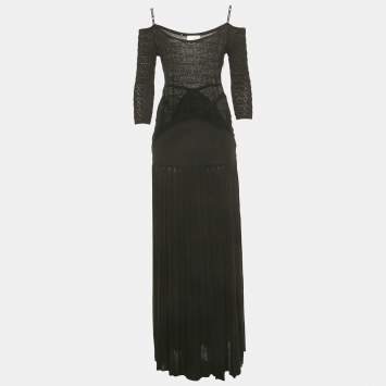 Pre Owned Elisabetta Franchi Black Perforated Knit Off Shoulder Maxi Dress L