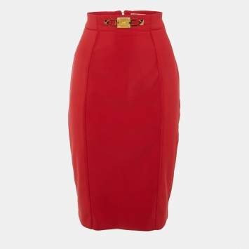 Pre Owned Elisabetta Franchi Red Crepe BBuckle Detail Pencil Skirt M