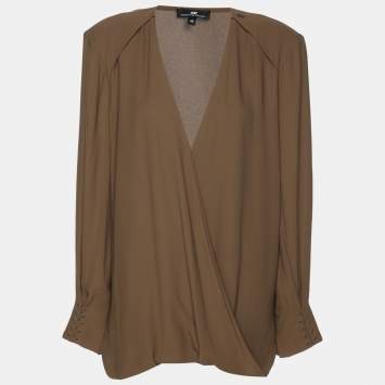 Pre Owned Elisabetta Franchi Khaki Crepe Camicia Blouse L