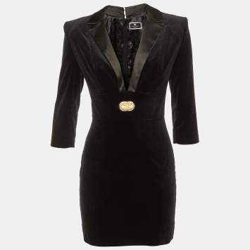 Pre Owned Elisabetta Franchi Black Velvet Logo Detail Mini Dress S