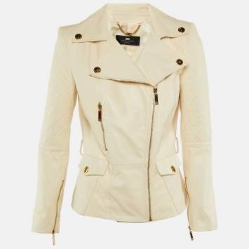 Pre Owned Elisabetta Franchi Beige Leather Biker Jacket M 
