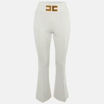 Pre Owned Elisabetta Franchi White Crepe Logo Flared Trousers S