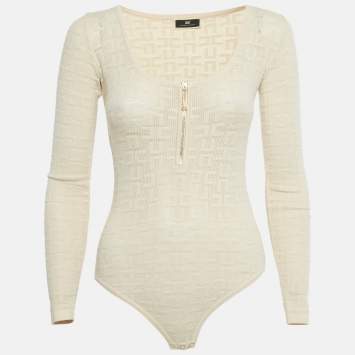 Pre Owned Elisabetta Franchi Cream Logo Jersey Bodysuit M