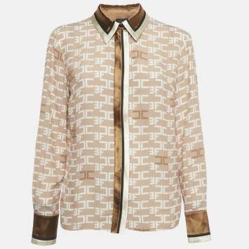 مملوكة مسبقًا Elisabetta Franchi Beige / Brown Monogram Print Crepe Blouse M