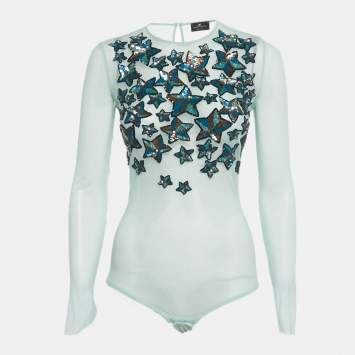 مملوكة مسبقًا Elisabetta Franchi Aqua Green Embellished Star Detail Mesh Body Suit M