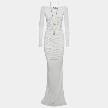 Pre Owned Elisabetta Franchi White Jersey Cut -Out Chain Detail Maxi Dress S 