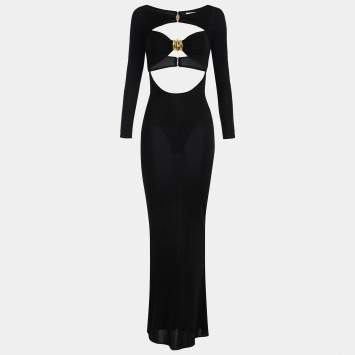 Pre Owned Elisabetta Franchi Black Jersey Cut -Out Jewel Clasp Maxi Dress S