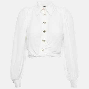 Pre Owned Elisabetta Franchi White Crepe Knot Detail Cropped Blouse S