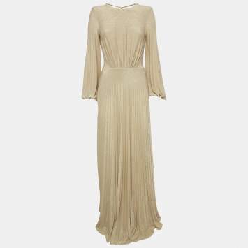 Pre Owned Elisabetta Franchi Beige Lurex Knit Plisse Maxi Dress S