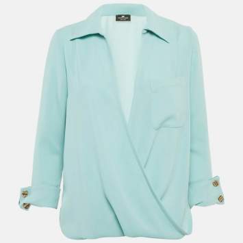 مملوكة مسبقًا Elisabetta Franchi Blue Crepe Plunking Neck Blouse S