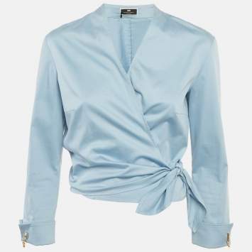Pre Owned Elisabetta Franchi Blue Stretch Crepe Wrap Top M