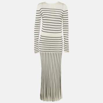 Pre Owned Elisabetta Franchi White Striped Knit Open Back Maxi Dress M