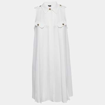 مملوكة مسبقًا Elisabetta Franchi White Crepe Pleated Mini Shirt Dress M