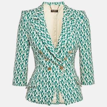 مملوكة مسبقًا Elisabetta Franchi Green Monogram Pattern Crepe Double Breasted Jacket S