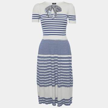 Pre Owned Elisabetta Franchi White & Blue Knit Bow Sequin Detail Midi Dress M