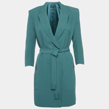 مملوكة مسبقًا Elisabetta Franchi Green Shimmering Crepe Belted Double Breasted Jacket M