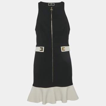 Pre Owned Elisabetta Franchi Black Crepe Flounce Mini Dress L