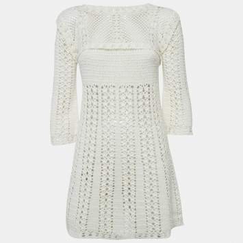 Pre Owned Elisabetta Franchi White Crochet Sheer Mini Dress S
