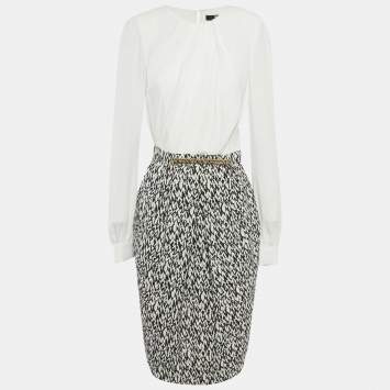 Pre Owned Elisabetta Franchi White & Printed Crepe Midi Dress M