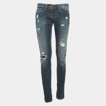 Pre Owned Elisabetta Franchi Nay Blue Distressed Denim Jeans S