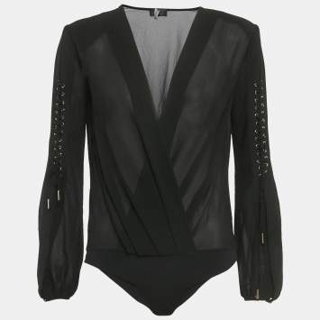 Pre Owned Elisabetta Franchi Black Crepe Long Sleeve Bodysuit M