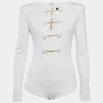 مملوكة مسبقًا Elisabetta Franchi White Rib Knit Cut-Out Button Detail Bodysuit L