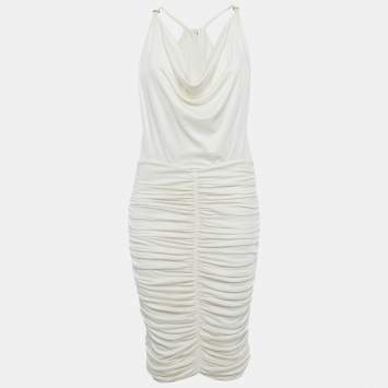 Pre Owned Elisabetta Franchi White Jersey Ruched Bodycon Dress M
