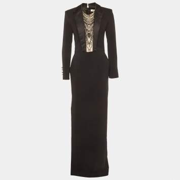 Pre Owned Elisabetta Franchi Black Crepe Embroidered Maxi Dress M