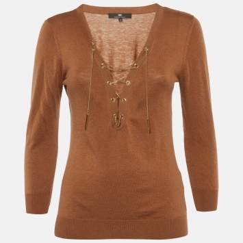 Pre Owned Elisabetta Franchi Brown Knit Chain Lace-Up Top M