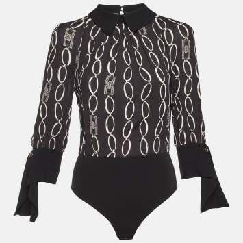 Pre Owned Elisabetta Franchi Black Logo Chain Print Crepe Long Sleeve Bodysuit M