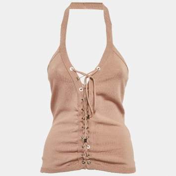 Pre Owned Elisabetta Franchi Beige Stretch Knit Halter Neck Top M