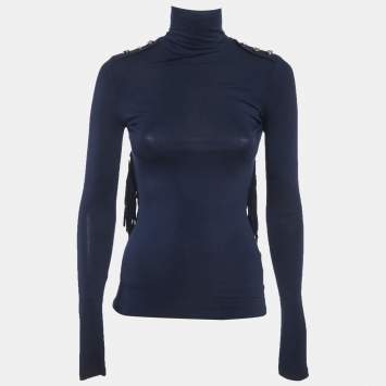 Pre Owned Elisabetta Franchi Navy Blue Jersey Fringe Detail Top S