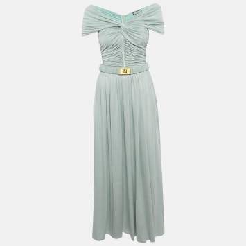 Pre Owned Elisabetta Franchi Blue Jersey Ruche Detail Maxi Dress M