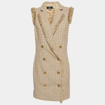Pre Owned Elisabetta Franchi Beige Fringed Tweed Double Breasted Mini Dress M