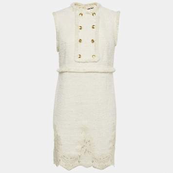 Pre Owned Elisabetta Franchi Off-White Fringed Tweed Sleeveless Mini Dress M