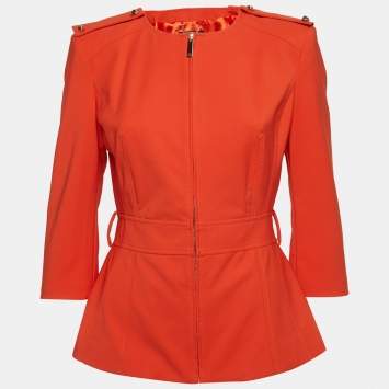 Pre Owned Elisabetta Franchi Orange Crepe Zip-Up Jacket M
