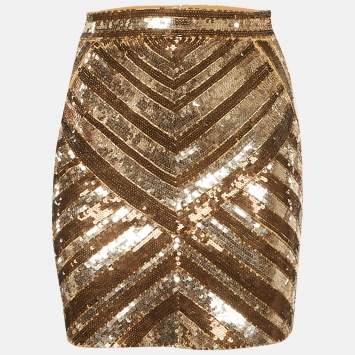 Pre Owned Elisabetta Franchi Gold Sequined Mini Skirt S