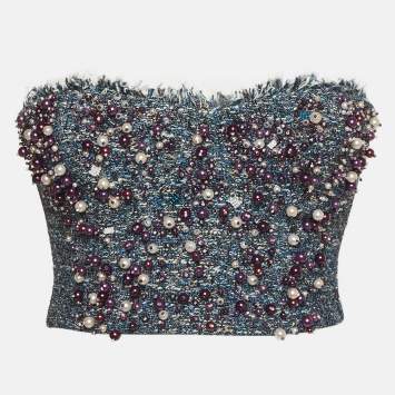 Pre Owned Elisabetta Franchi Blue Tweed Embroidered Bustier Top S